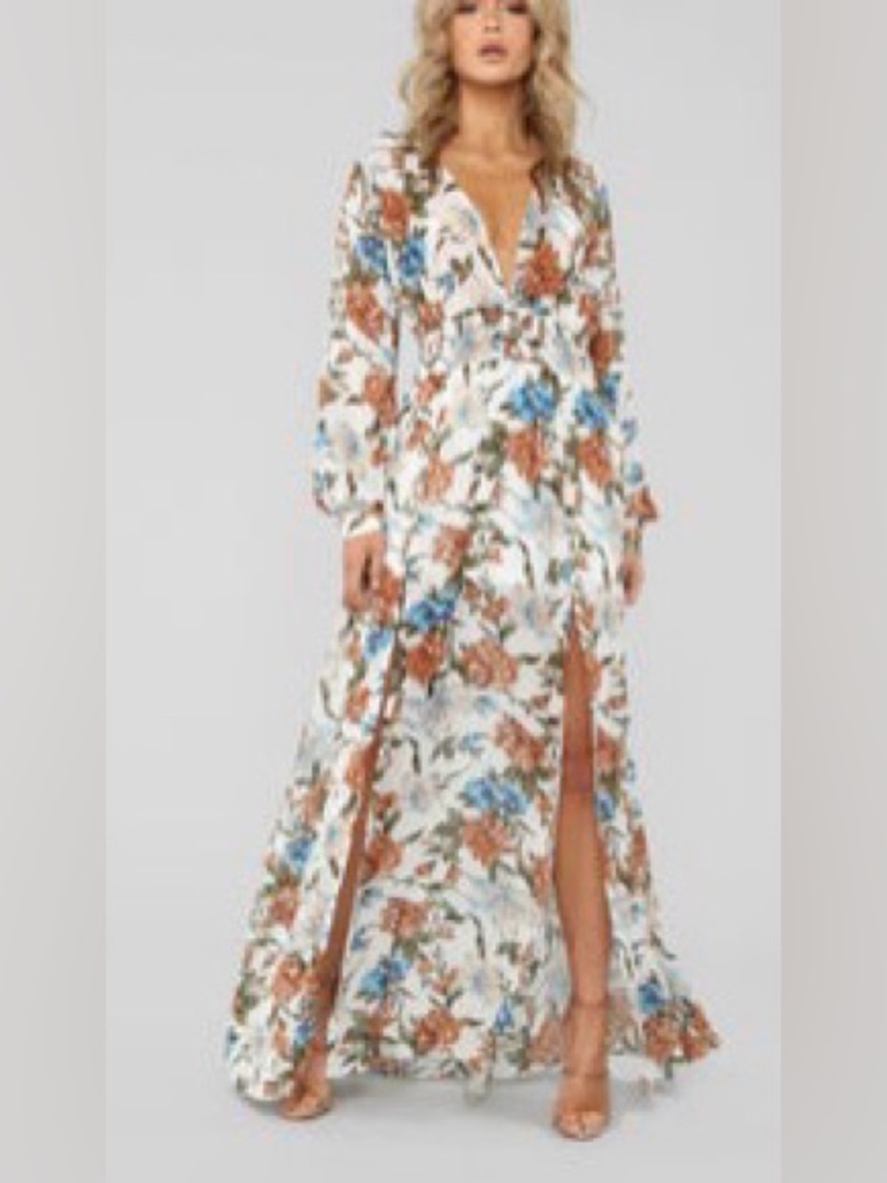Floral V-Neck Long Sleeve Maxi Dress in White and Brown